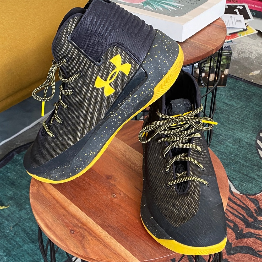 Under Armour Men’s Steph Curry Black and Yellow High-Top Sneakers